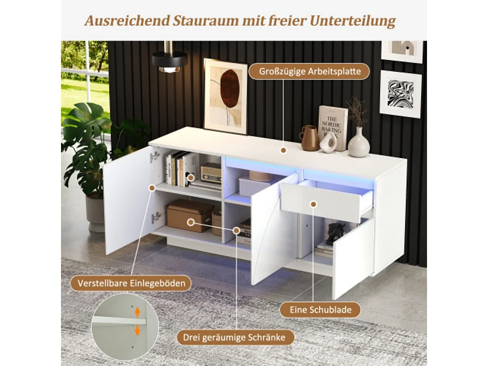 Sideboard, Seitenschrank mit 3 Schränken,kommode mit LED,Schränke mit verstellbaren Einlegeböden,Hochglanz-Wohnzimmerschrank,140*40*60cm