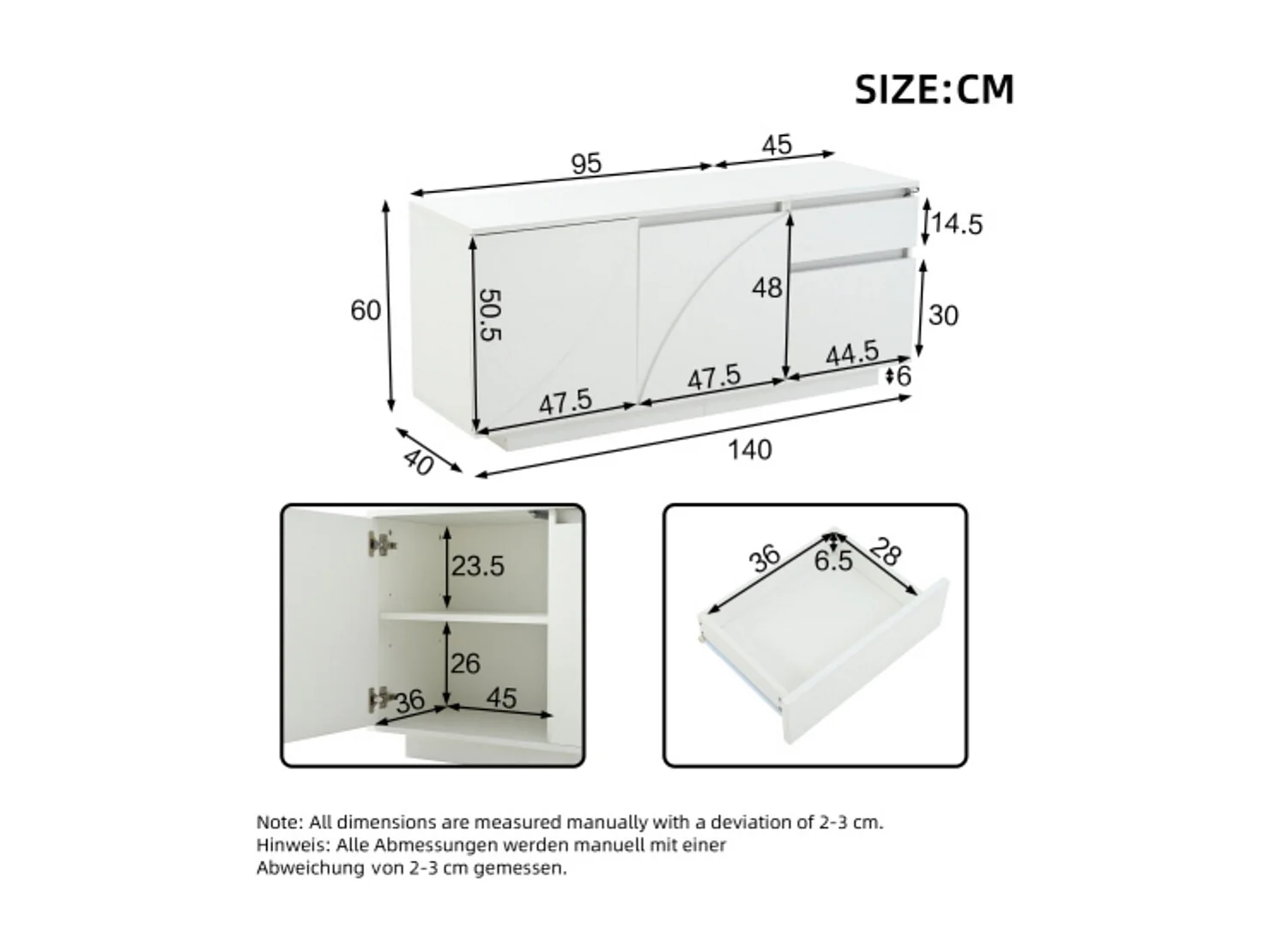Sideboard, Seitenschrank mit 3 Schränken,kommode mit LED,Schränke mit verstellbaren Einlegeböden,Hochglanz-Wohnzimmerschrank,140*40*60cm