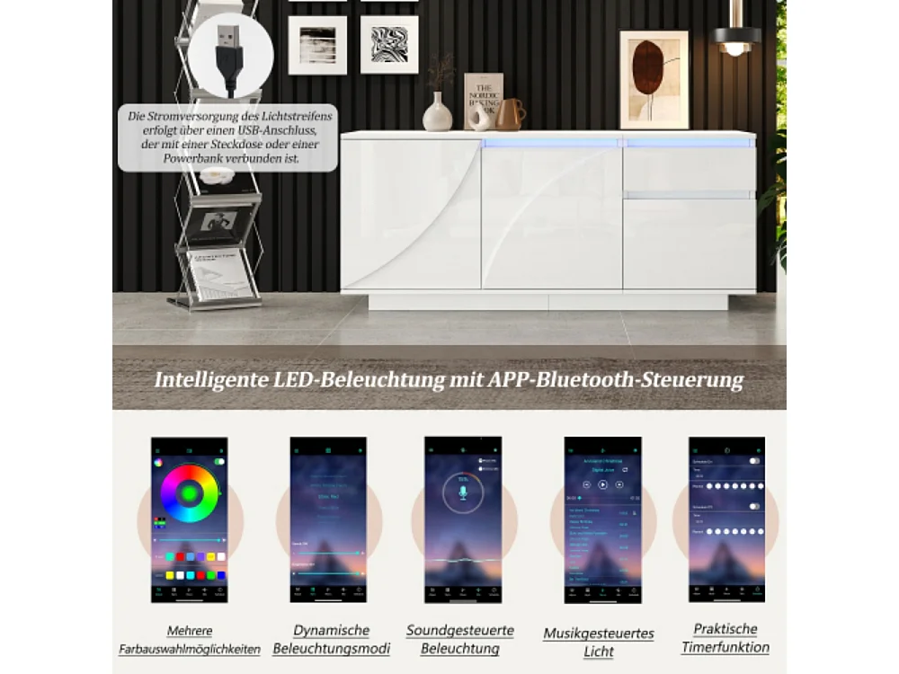 Sideboard, Seitenschrank mit 3 Schränken,kommode mit LED,Schränke mit verstellbaren Einlegeböden,Hochglanz-Wohnzimmerschrank,140*40*60cm