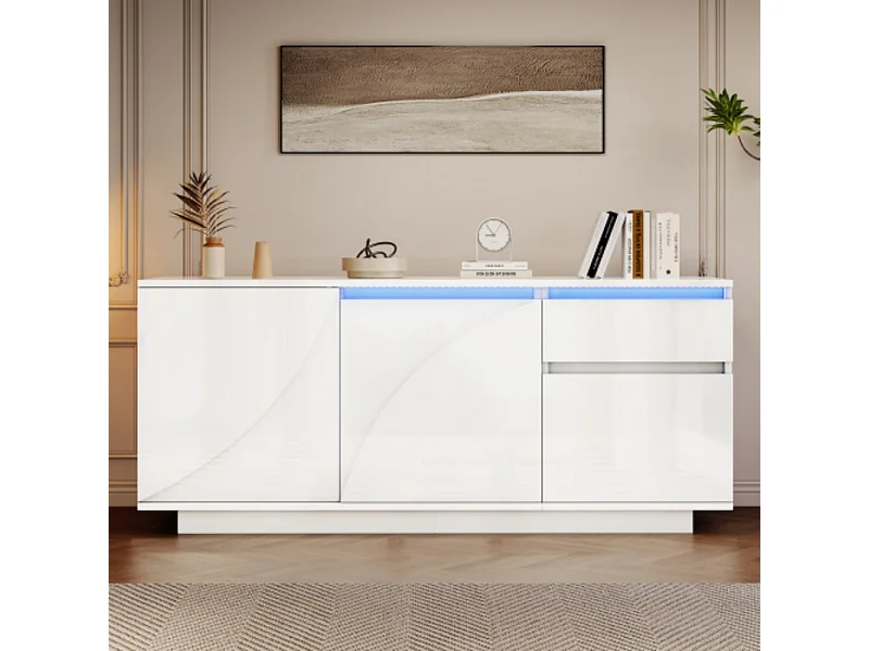 Sideboard, Seitenschrank mit 3 Schränken,kommode mit LED,Schränke mit verstellbaren Einlegeböden,Hochglanz-Wohnzimmerschrank,140*40*60cm