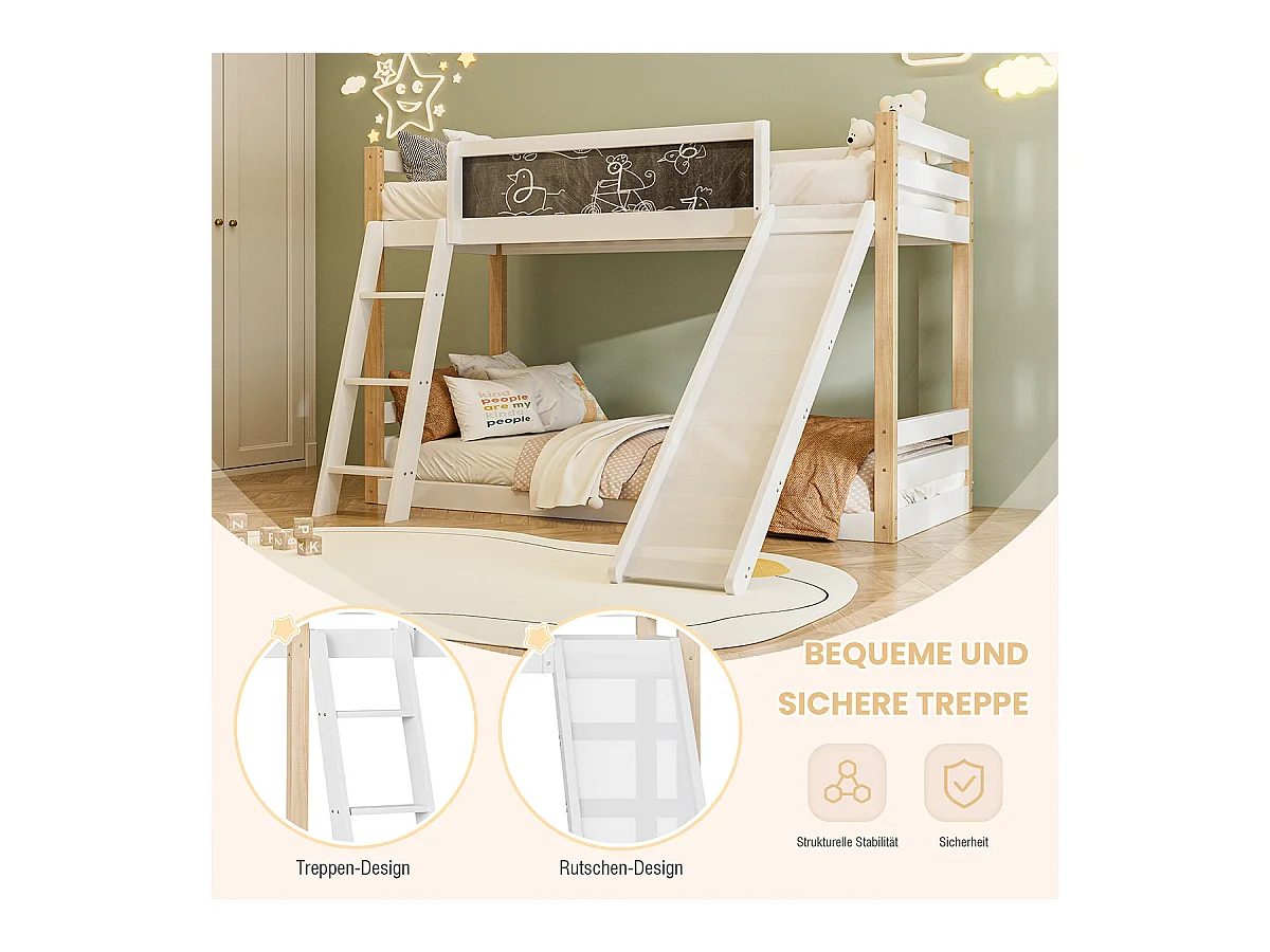 Kinderbett mit Rutsche & Treppe Etagenbett Jugendbett Kinder-Familienbett für 90×200 & 90×190 cm Matratzen Weiß