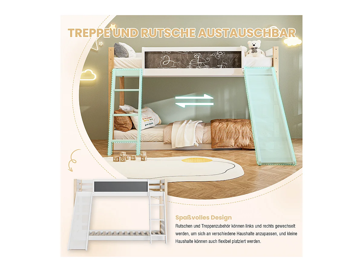 Kinderbett mit Rutsche & Treppe Etagenbett Jugendbett Kinder-Familienbett für 90×200 & 90×190 cm Matratzen Weiß