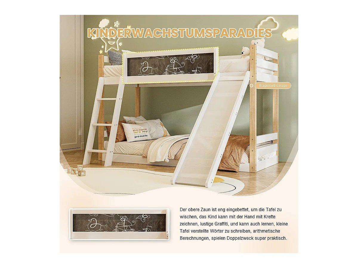 Kinderbett mit Rutsche & Treppe Etagenbett Jugendbett Kinder-Familienbett für 90×200 & 90×190 cm Matratzen Weiß