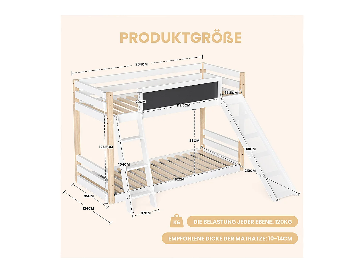 Kinderbett mit Rutsche & Treppe Etagenbett Jugendbett Kinder-Familienbett für 90×200 & 90×190 cm Matratzen Weiß