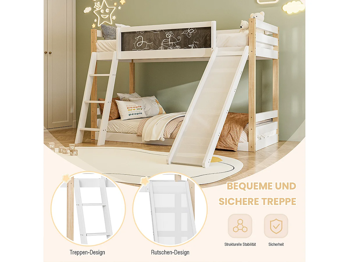 Kinderbett mit Rutsche & Treppe Etagenbett Jugendbett Kinder-Familienbett für 90×200 & 90×190 cm Matratzen Weiß