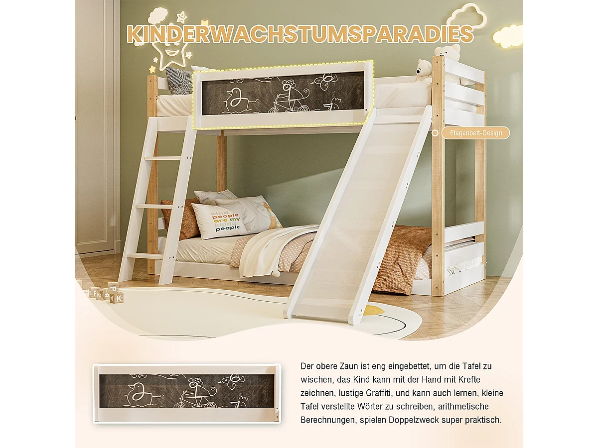 Kinderbett mit Rutsche & Treppe Etagenbett Jugendbett Kinder-Familienbett für 90×200 & 90×190 cm Matratzen Weiß