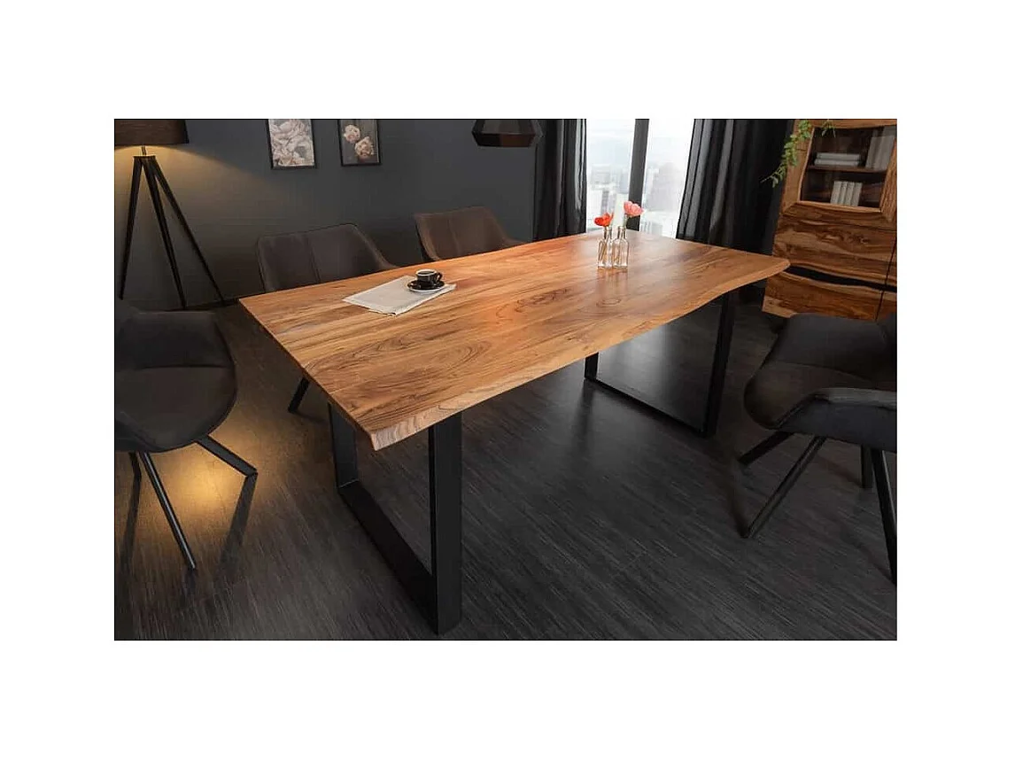 Table de salle à manger ARKAYA 180 cm – Plateau en bois d'acacia sauvage verni et pieds en métal noir en U – Style industriel