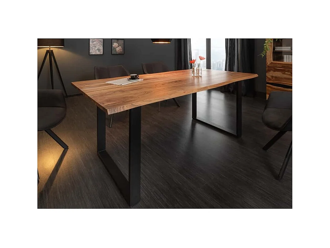 Table de salle à manger ARKAYA 180 cm – Plateau en bois d'acacia sauvage verni et pieds en métal noir en U – Style industriel