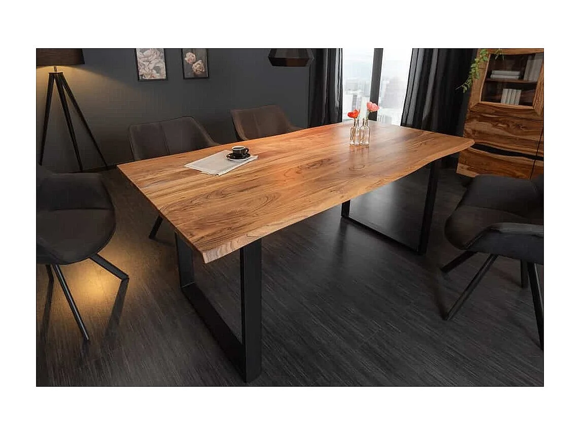 Table de salle à manger ARKAYA 180 cm – Plateau en bois d'acacia sauvage verni et pieds en métal noir en U – Style industriel