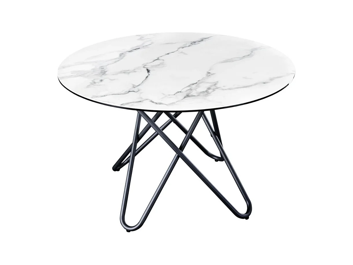 Table de salle à manger BAUMA 120 cm – Plateau rond en céramique effet marbre blanc et pieds métal – Style moderne chic