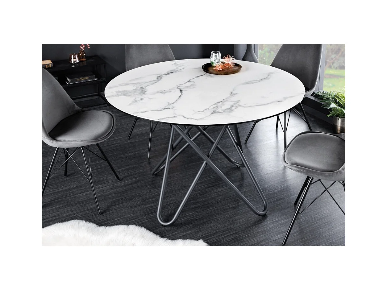 Table de salle à manger BAUMA 120 cm – Plateau rond en céramique effet marbre blanc et pieds métal – Style moderne chic