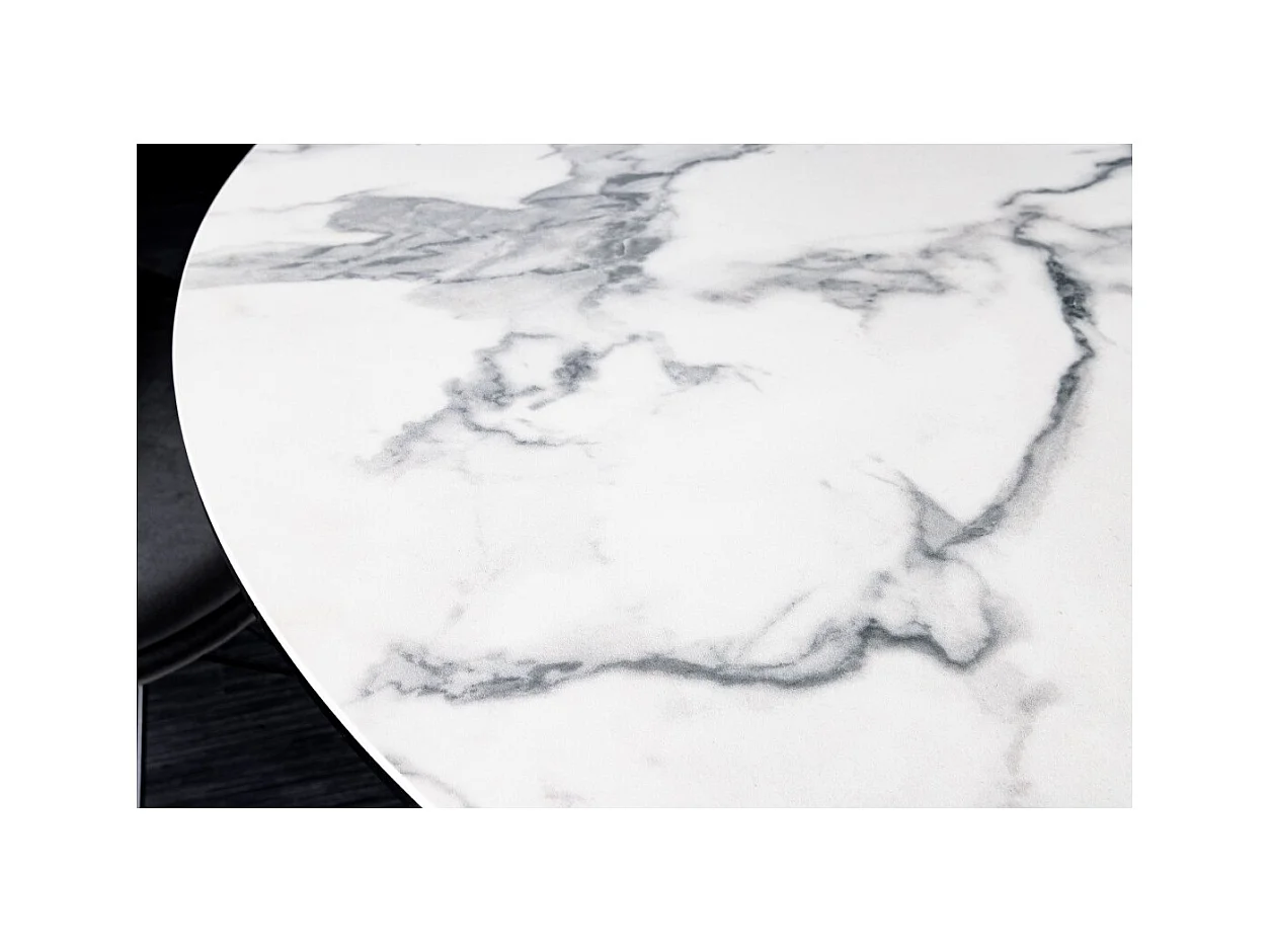 Table de salle à manger BAUMA 120 cm – Plateau rond en céramique effet marbre blanc et pieds métal – Style moderne chic