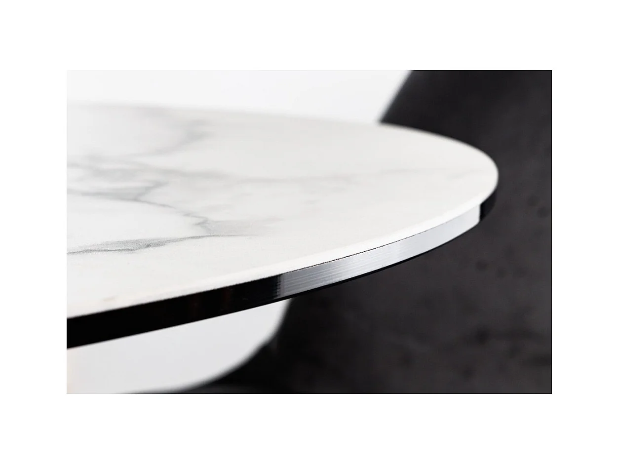 Table de salle à manger BAUMA 120 cm – Plateau rond en céramique effet marbre blanc et pieds métal – Style moderne chic