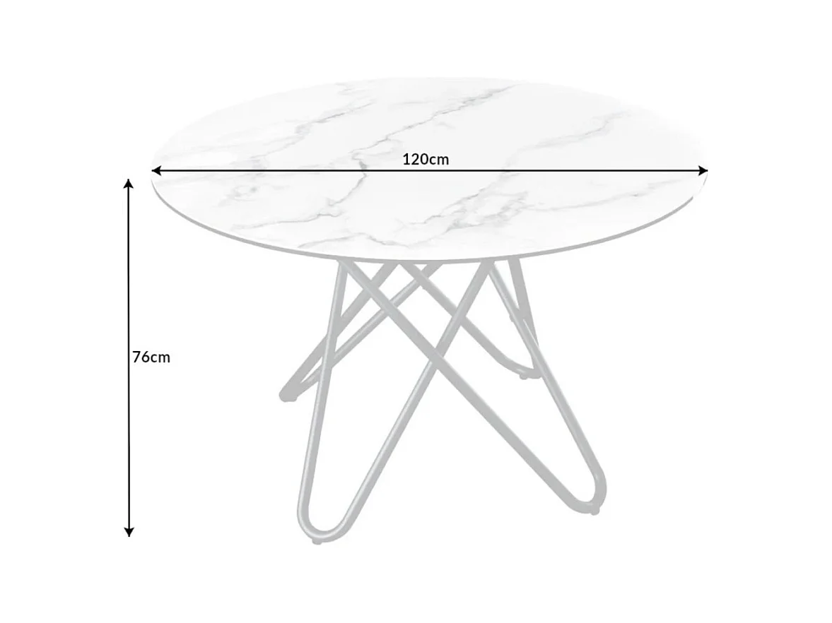 Table de salle à manger BAUMA 120 cm – Plateau rond en céramique effet marbre blanc et pieds métal – Style moderne chic