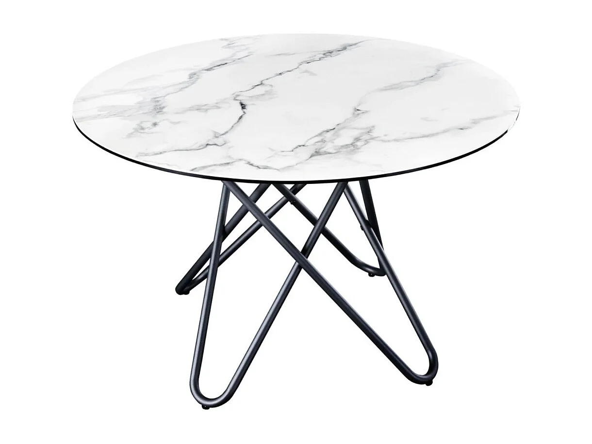 Table de salle à manger BAUMA 120 cm – Plateau rond en céramique effet marbre blanc et pieds métal – Style moderne chic