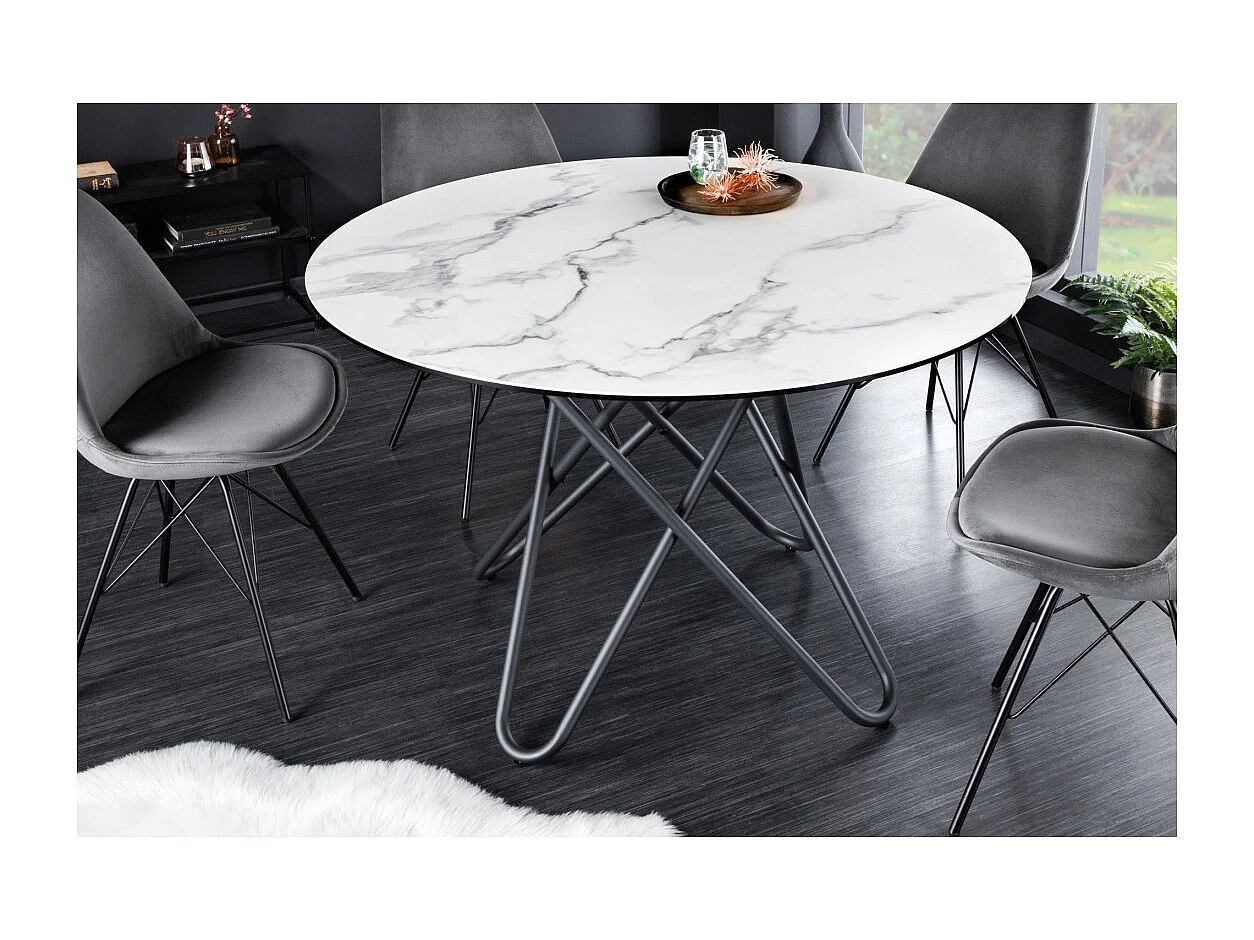 Table de salle à manger BAUMA 120 cm – Plateau rond en céramique effet marbre blanc et pieds métal – Style moderne chic