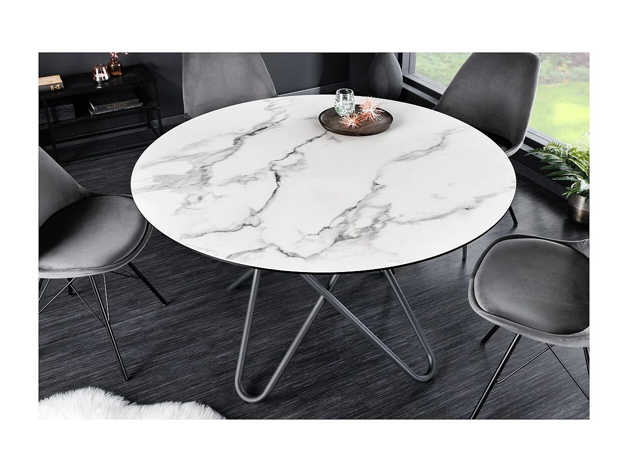 Table de salle à manger BAUMA 120 cm – Plateau rond en céramique effet marbre blanc et pieds métal – Style moderne chic