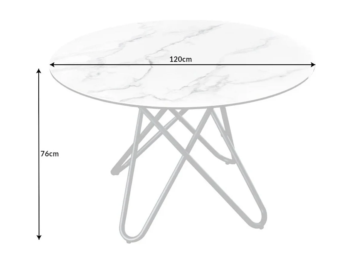 Table de salle à manger BAUMA 120 cm – Plateau rond en céramique effet marbre blanc et pieds métal – Style moderne chic