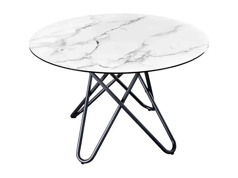 Table de salle à manger BAUMA 120 cm – Plateau rond en céramique effet marbre blanc et pieds métal – Style moderne chic