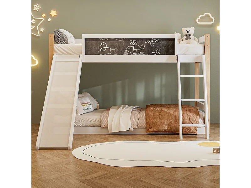 Etagenbett für Kinder mit Rutsche & Treppe, stabilem Wood+PB-Rahmen, 4-seitigem Schutzgitter, umweltfreundlich 747-zertifiziert,90×200+90×190 cm