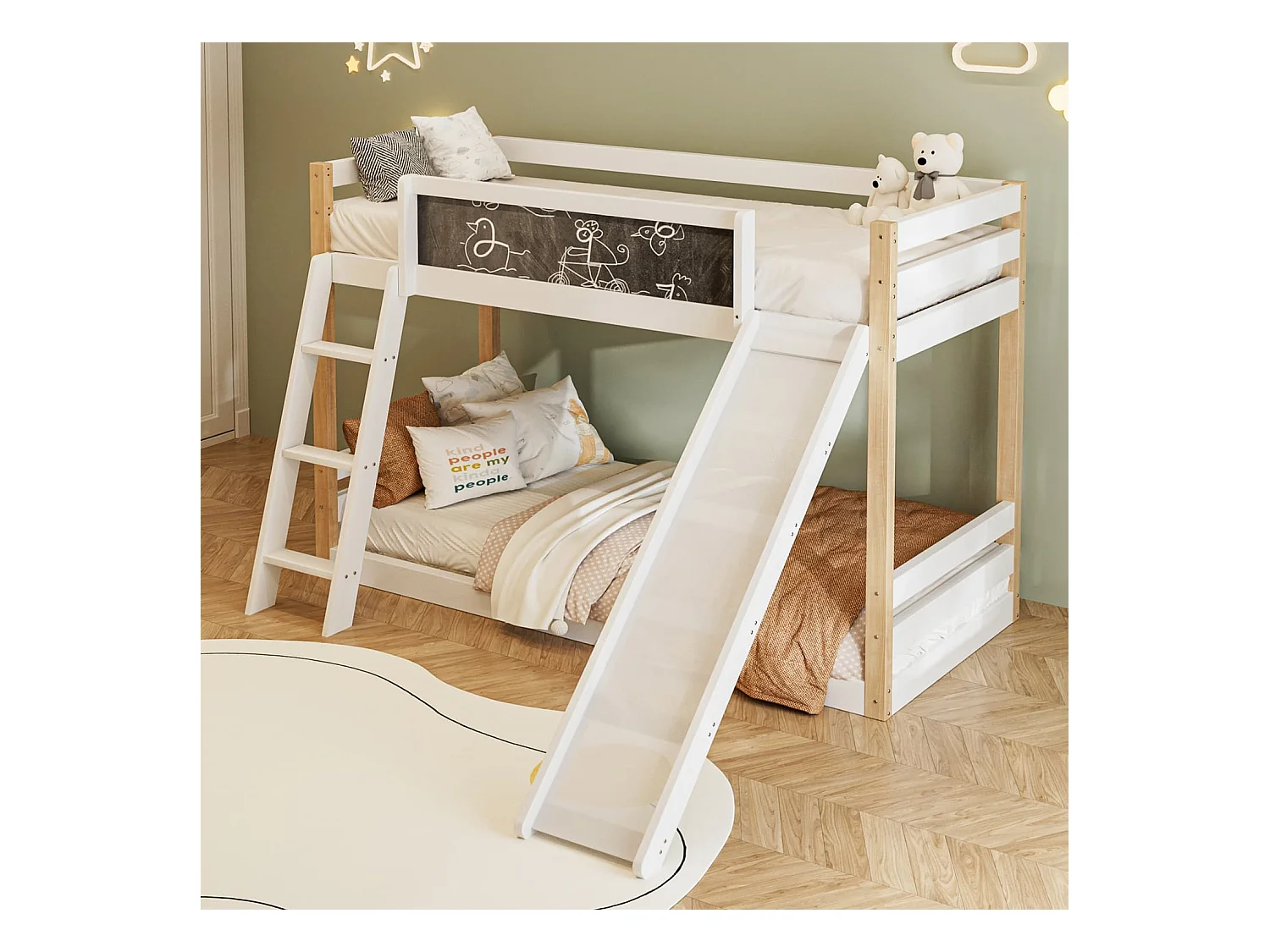 Etagenbett für Kinder mit Rutsche & Treppe, stabilem Wood+PB-Rahmen, 4-seitigem Schutzgitter, umweltfreundlich 747-zertifiziert,90×200+90×190 cm