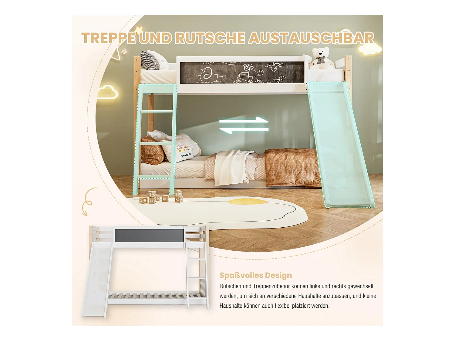 Etagenbett für Kinder mit Rutsche & Treppe, stabilem Wood+PB-Rahmen, 4-seitigem Schutzgitter, umweltfreundlich 747-zertifiziert,90×200+90×190 cm