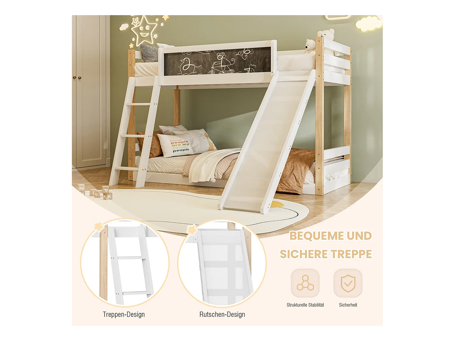 Etagenbett für Kinder mit Rutsche & Treppe, stabilem Wood+PB-Rahmen, 4-seitigem Schutzgitter, umweltfreundlich 747-zertifiziert,90×200+90×190 cm