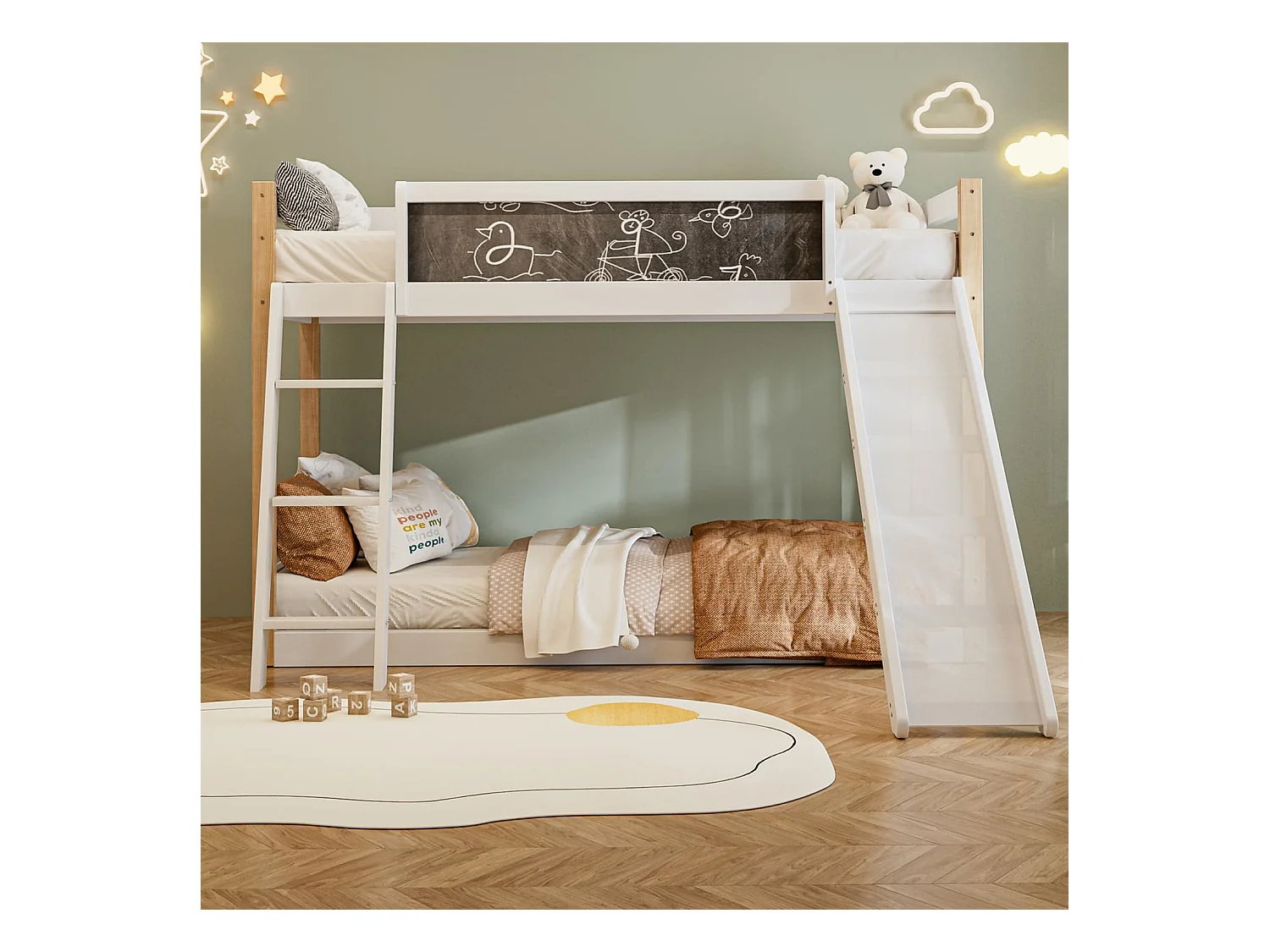 Etagenbett für Kinder mit Rutsche & Treppe, stabilem Wood+PB-Rahmen, 4-seitigem Schutzgitter, umweltfreundlich 747-zertifiziert,90×200+90×190 cm