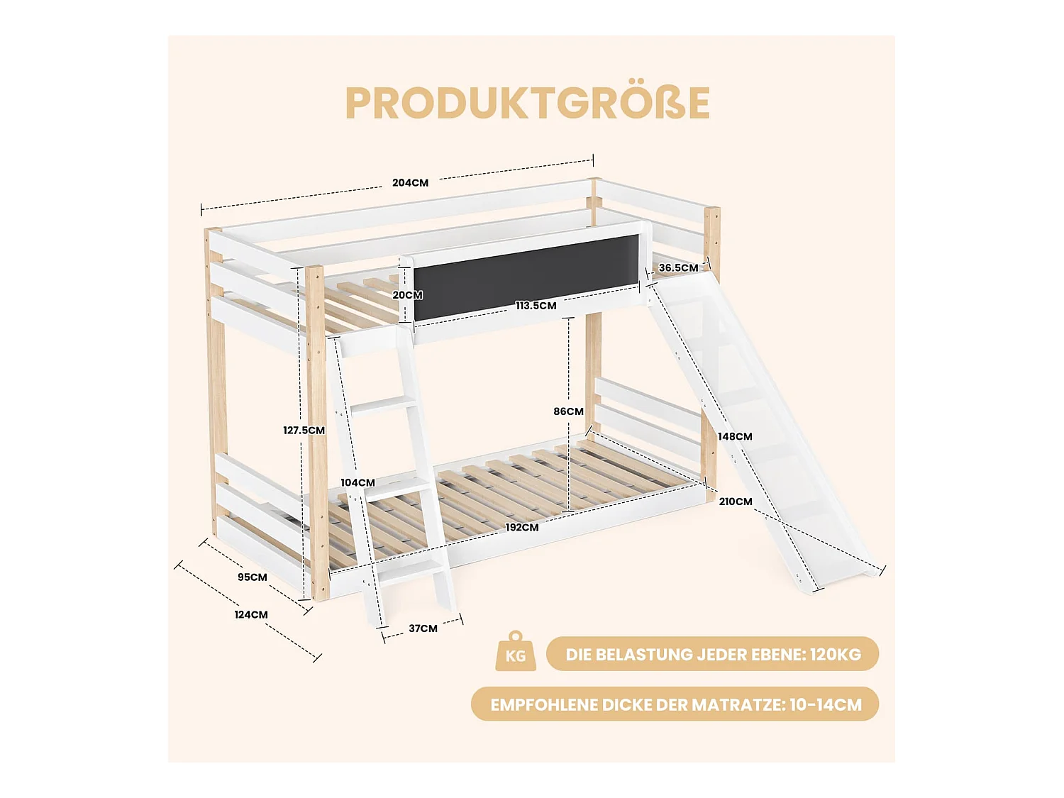 Etagenbett für Kinder mit Rutsche & Treppe, stabilem Wood+PB-Rahmen, 4-seitigem Schutzgitter, umweltfreundlich 747-zertifiziert,90×200+90×190 cm