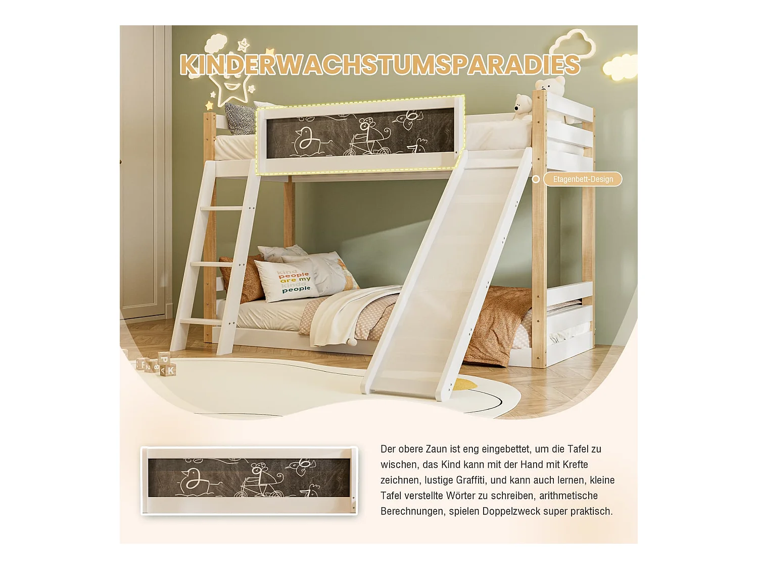 Etagenbett für Kinder mit Rutsche & Treppe, stabilem Wood+PB-Rahmen, 4-seitigem Schutzgitter, umweltfreundlich 747-zertifiziert,90×200+90×190 cm