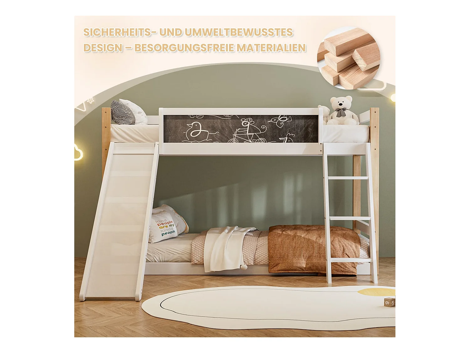 Etagenbett für Kinder mit Rutsche & Treppe, stabilem Wood+PB-Rahmen, 4-seitigem Schutzgitter, umweltfreundlich 747-zertifiziert,90×200+90×190 cm
