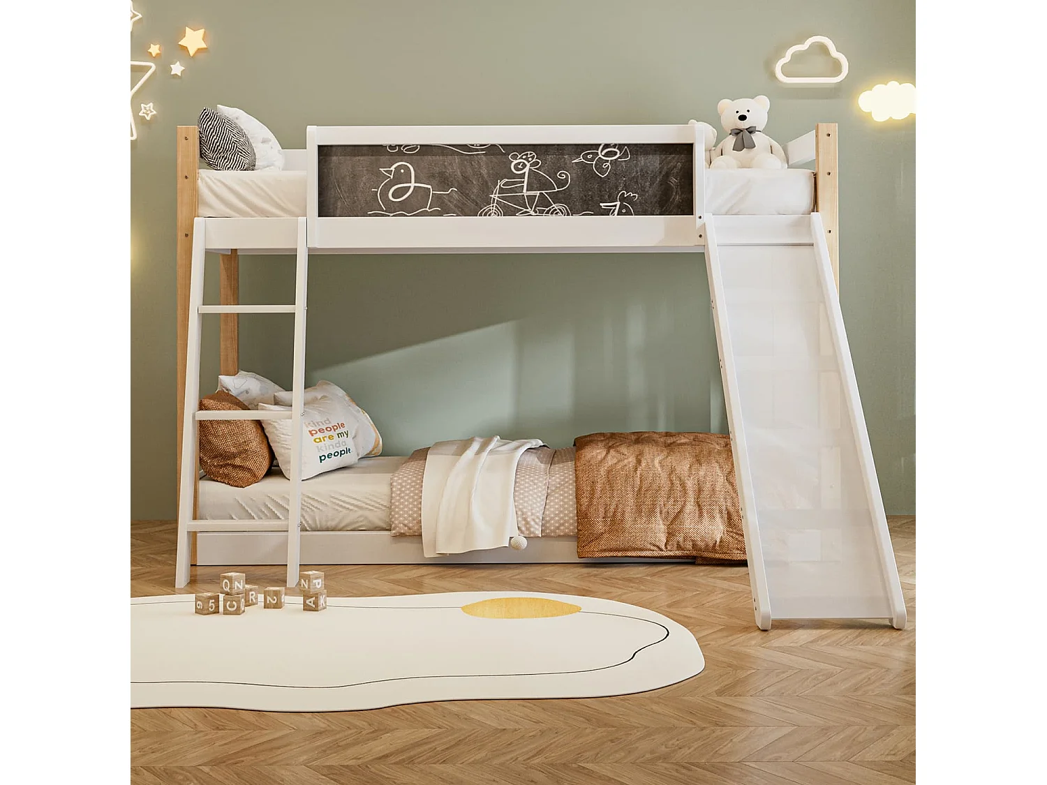 Etagenbett für Kinder mit Rutsche & Treppe, stabilem Wood+PB-Rahmen, 4-seitigem Schutzgitter, umweltfreundlich 747-zertifiziert,90×200+90×190 cm