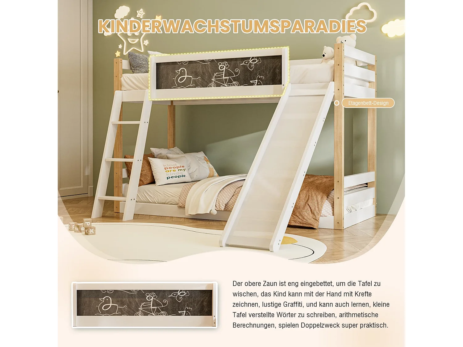 Etagenbett für Kinder mit Rutsche & Treppe, stabilem Wood+PB-Rahmen, 4-seitigem Schutzgitter, umweltfreundlich 747-zertifiziert,90×200+90×190 cm