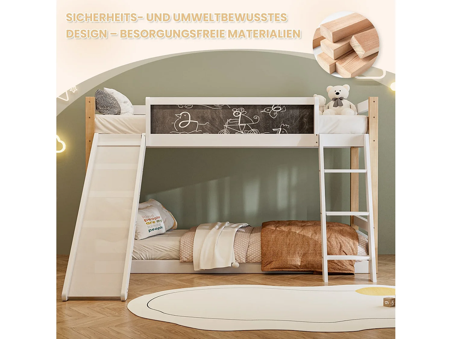 Etagenbett für Kinder mit Rutsche & Treppe, stabilem Wood+PB-Rahmen, 4-seitigem Schutzgitter, umweltfreundlich 747-zertifiziert,90×200+90×190 cm