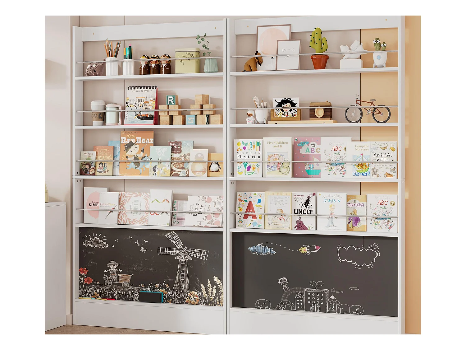 Set aus 2 Kinderregalen - 200x10x180 cm - 4-lagige Ablagefächer - Mit Tafel - Weiß