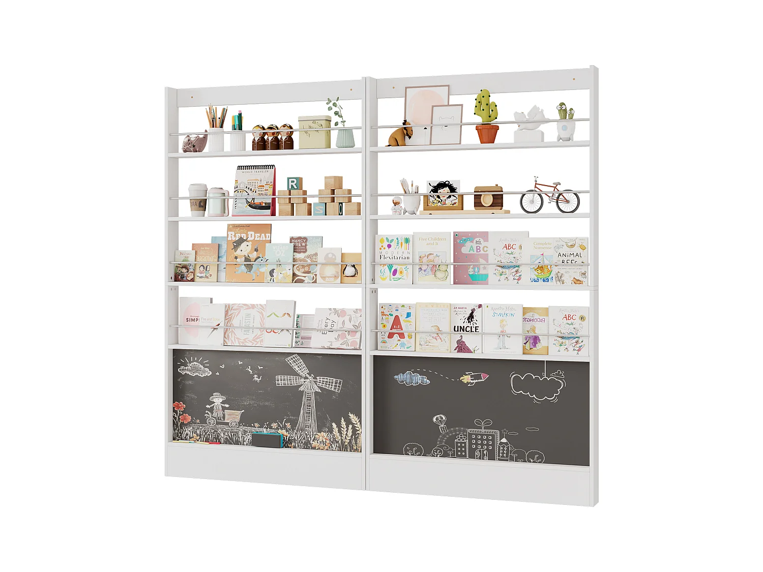 Set aus 2 Kinderregalen - 200x10x180 cm - 4-lagige Ablagefächer - Mit Tafel - Weiß
