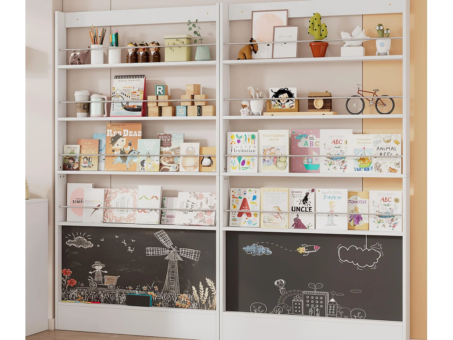 Lot de 2 bibliothèques pour enfants - 200x10x180 cm - étagères de rangement à 4 niveaux - avec tableau noir - blanc