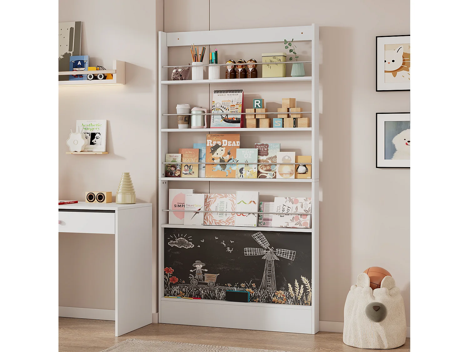 Lot de 2 bibliothèques pour enfants - 200x10x180 cm - étagères de rangement à 4 niveaux - avec tableau noir - blanc