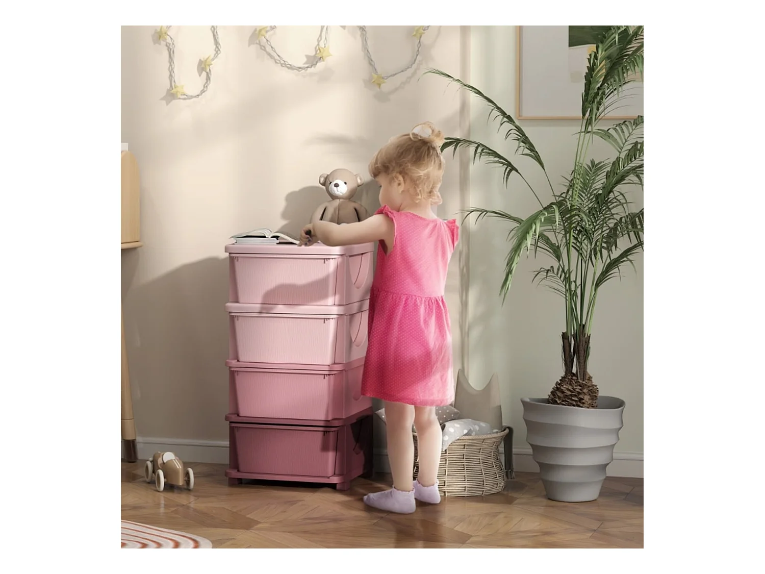 Aufbewahrungsboxen für Kinder, 4 Schubladen, abgerundete Kanten, erhöhtes Design, 37x37x76 cm, Rosa