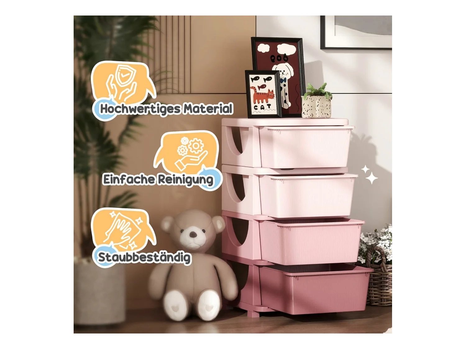 Aufbewahrungsboxen für Kinder, 4 Schubladen, abgerundete Kanten, erhöhtes Design, 37x37x76 cm, Rosa