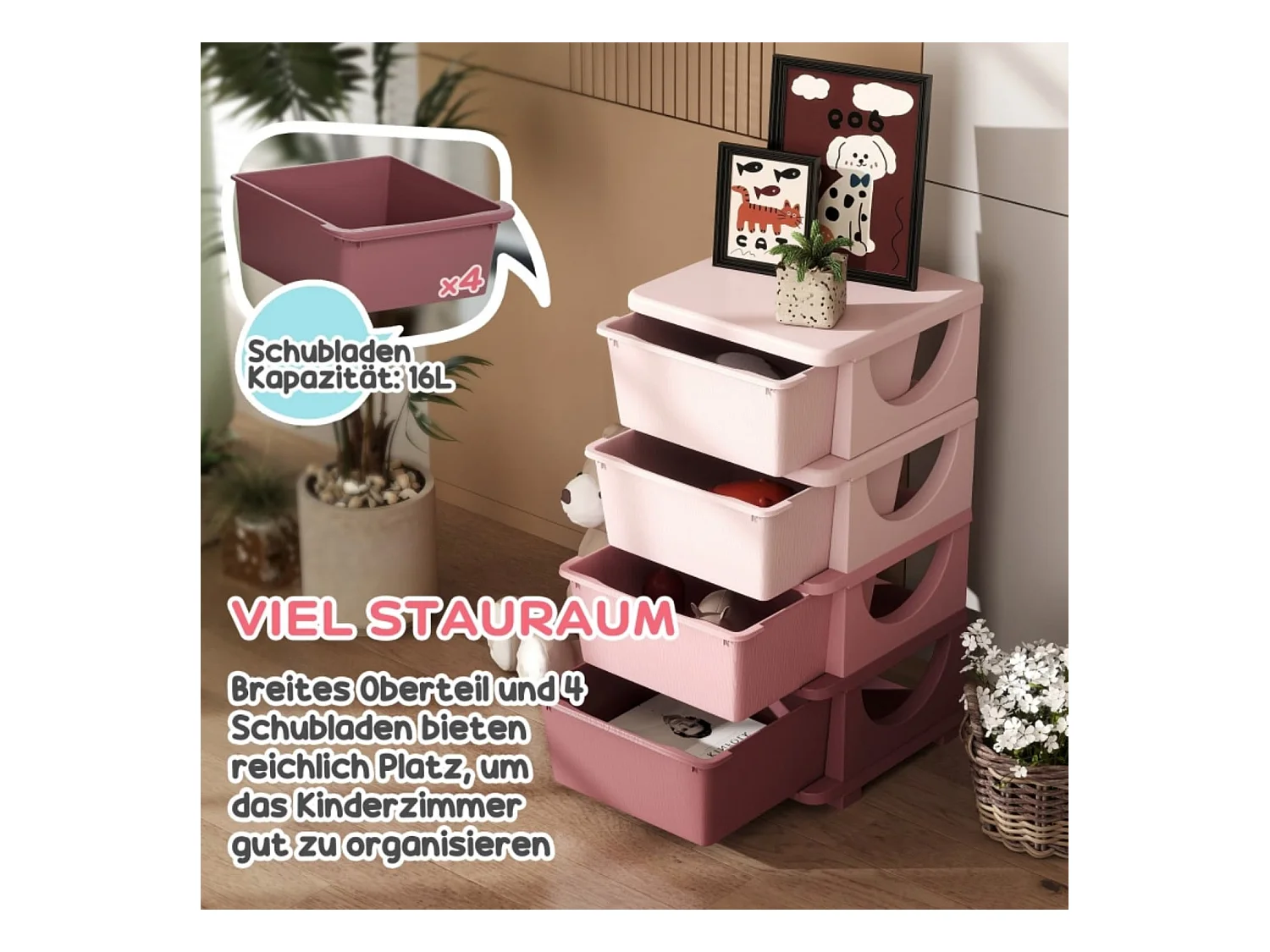 Aufbewahrungsboxen für Kinder, 4 Schubladen, abgerundete Kanten, erhöhtes Design, 37x37x76 cm, Rosa