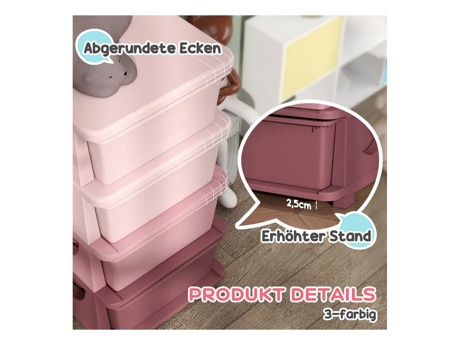 Aufbewahrungsboxen für Kinder, 4 Schubladen, abgerundete Kanten, erhöhtes Design, 37x37x76 cm, Rosa