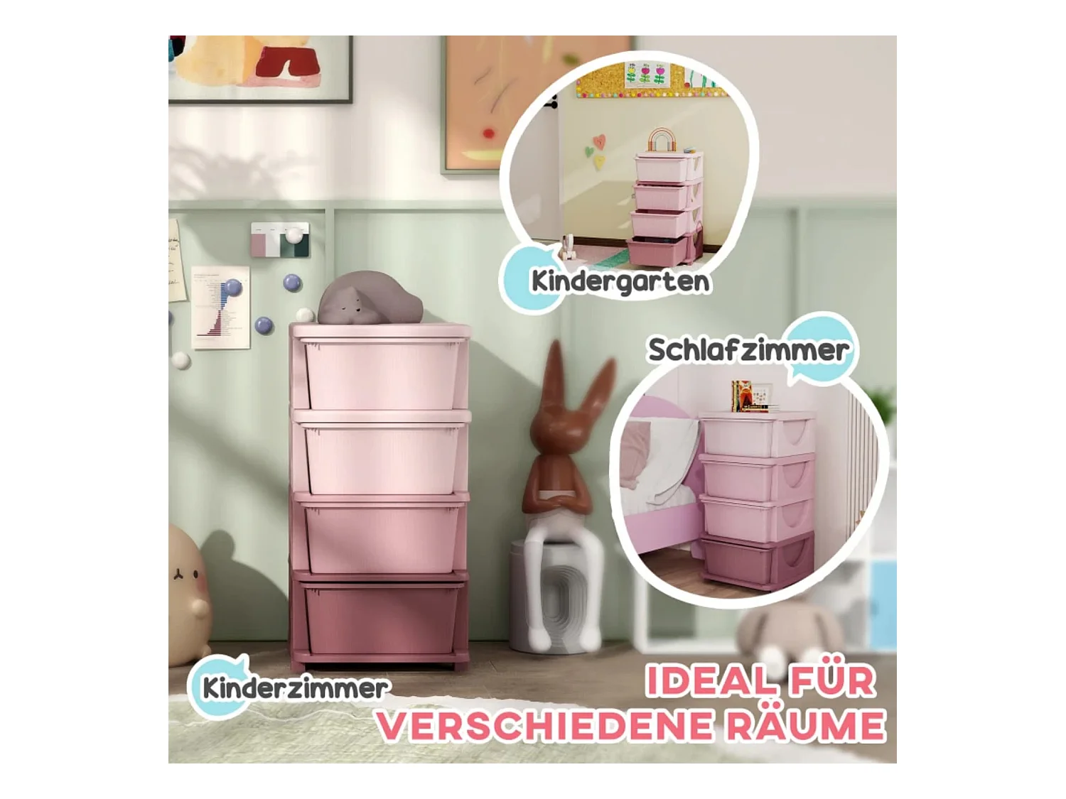 Aufbewahrungsboxen für Kinder, 4 Schubladen, abgerundete Kanten, erhöhtes Design, 37x37x76 cm, Rosa