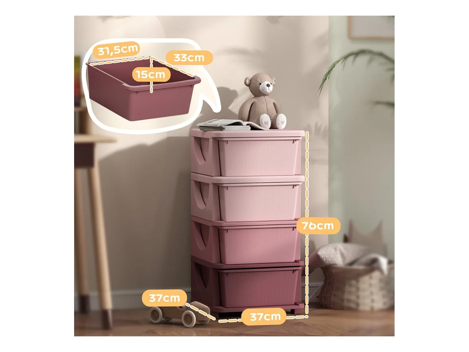 Aufbewahrungsboxen für Kinder, 4 Schubladen, abgerundete Kanten, erhöhtes Design, 37x37x76 cm, Rosa