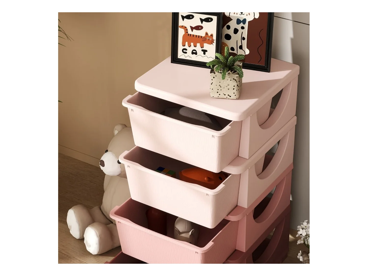 Aufbewahrungsboxen für Kinder, 4 Schubladen, abgerundete Kanten, erhöhtes Design, 37x37x76 cm, Rosa