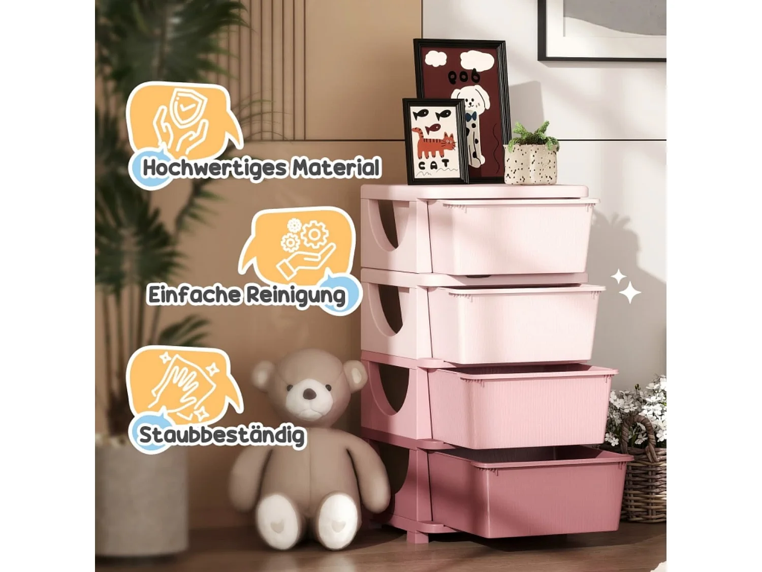 Aufbewahrungsboxen für Kinder, 4 Schubladen, abgerundete Kanten, erhöhtes Design, 37x37x76 cm, Rosa