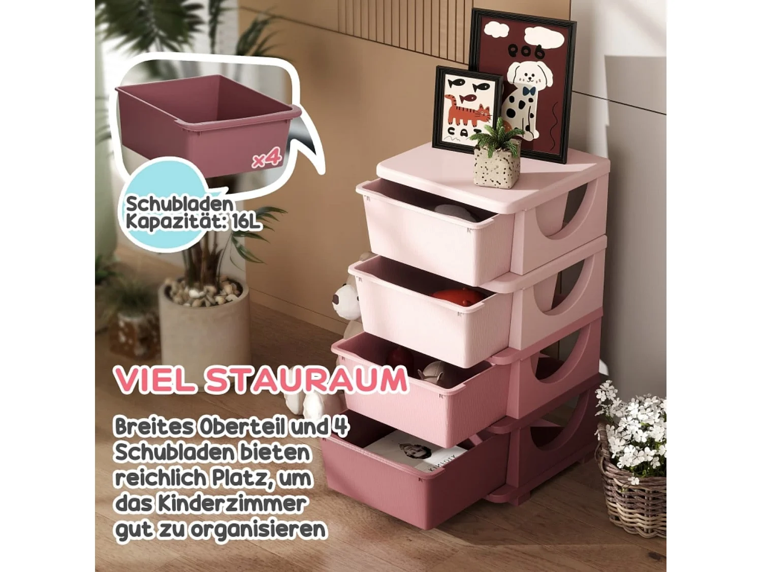 Aufbewahrungsboxen für Kinder, 4 Schubladen, abgerundete Kanten, erhöhtes Design, 37x37x76 cm, Rosa