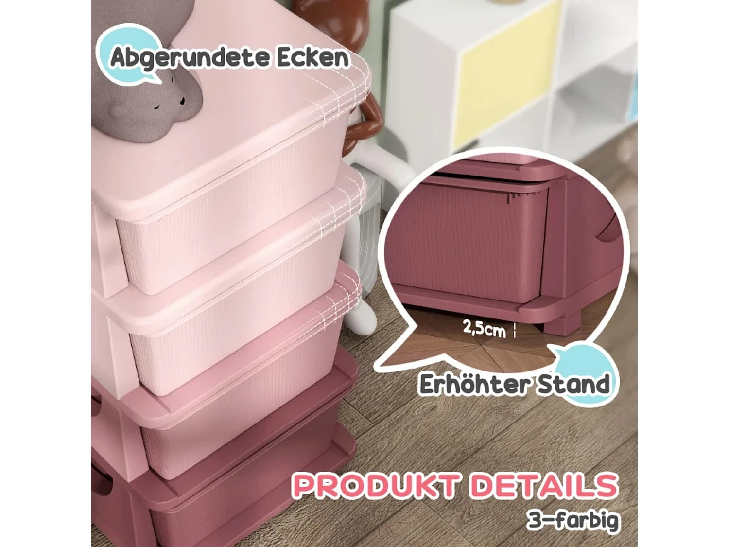 Aufbewahrungsboxen für Kinder, 4 Schubladen, abgerundete Kanten, erhöhtes Design, 37x37x76 cm, Rosa