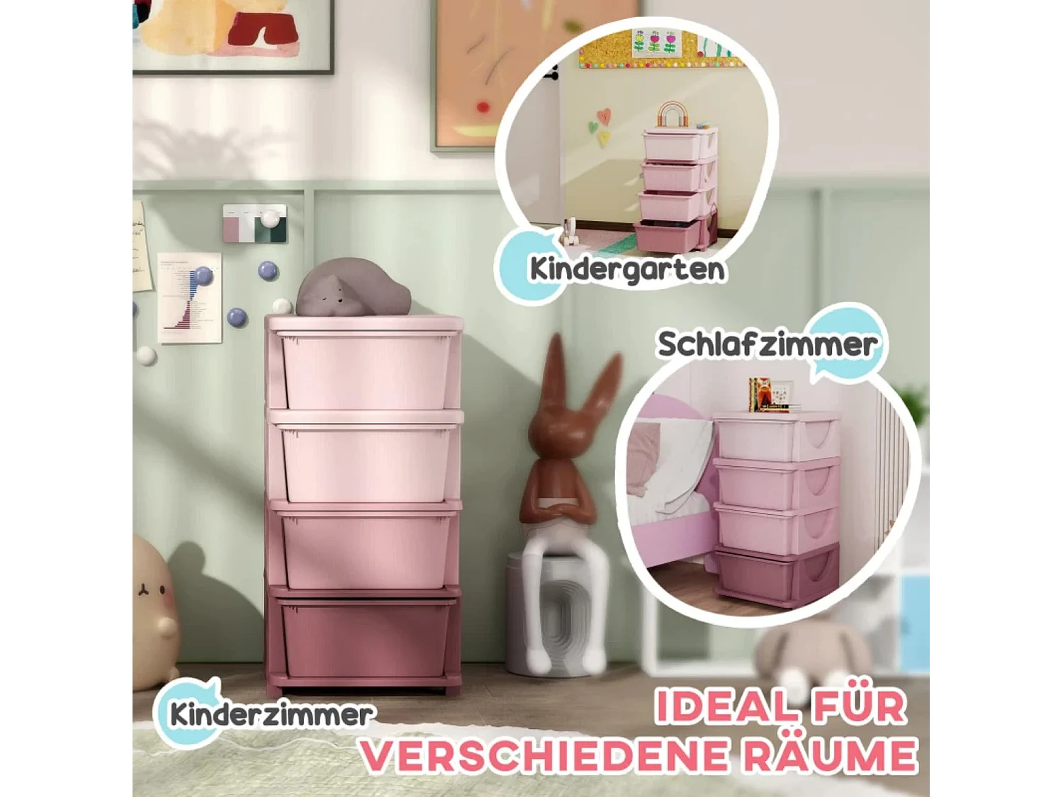 Aufbewahrungsboxen für Kinder, 4 Schubladen, abgerundete Kanten, erhöhtes Design, 37x37x76 cm, Rosa