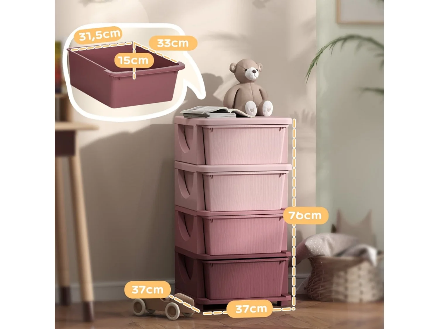 Aufbewahrungsboxen für Kinder, 4 Schubladen, abgerundete Kanten, erhöhtes Design, 37x37x76 cm, Rosa